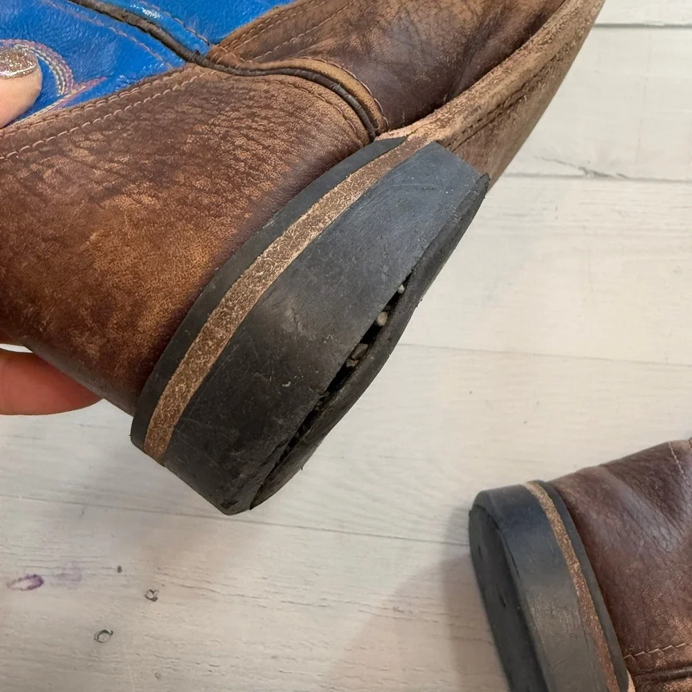 Old West Blue Brown Leather Square Toe Western Cowboy Boots kids size‎ 1.5